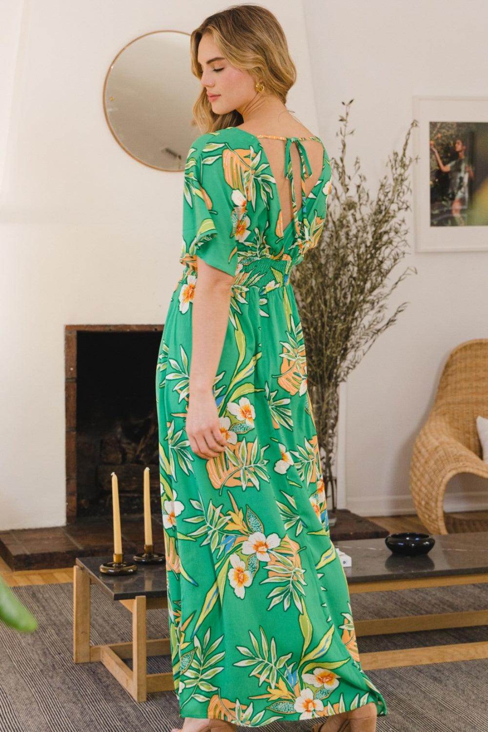 ODDI Full Size Floral Smocked Tied Back Maxi Dress Style