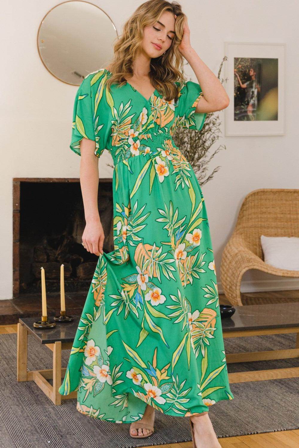 ODDI Full Size Floral Smocked Tied Back Maxi Dress Style