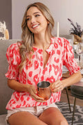 BiBi Leopard Smocked Short Sleeve Blouse for Trendy Style