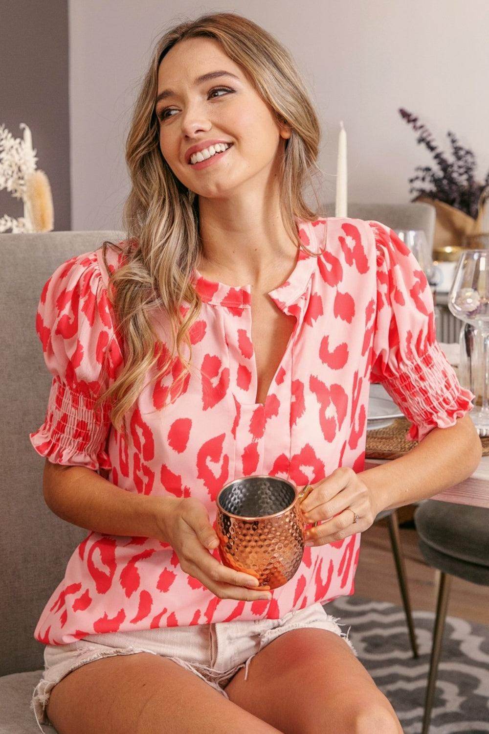 BiBi Leopard Smocked Short Sleeve Blouse for Trendy Style