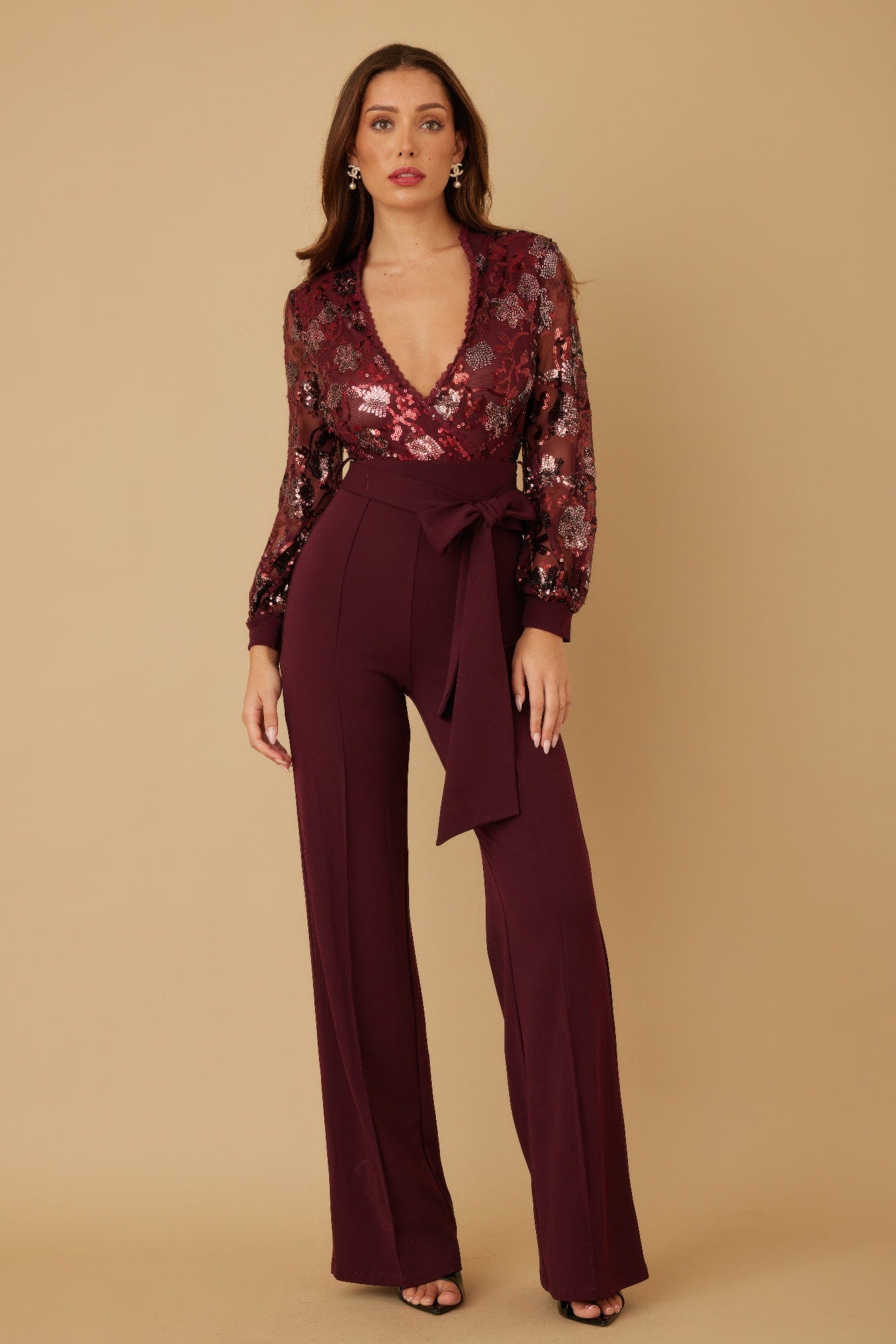 Flower Vein Sequin Print Jumpsuit