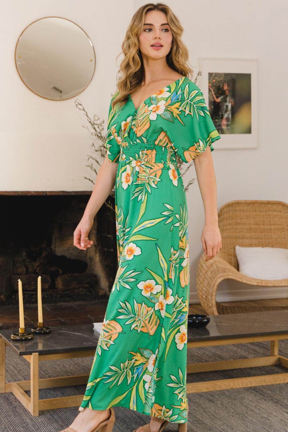 ODDI Full Size Floral Smocked Tied Back Maxi Dress Style